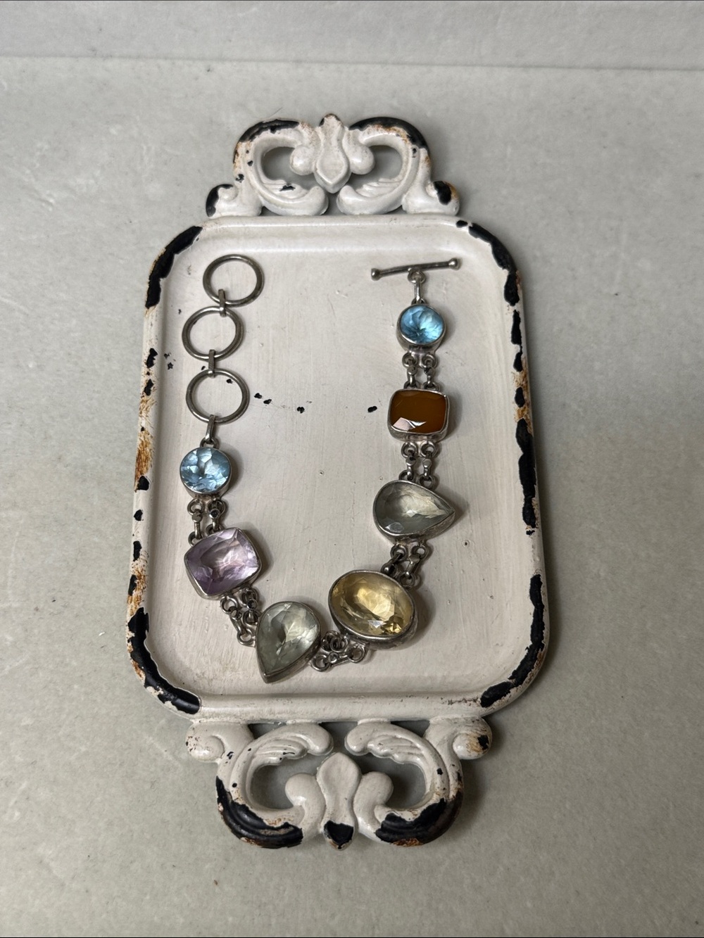 Vintage Sterling Silver 925 Multi Gemstone Artisan Made Bracelet 6”1.2 & Up